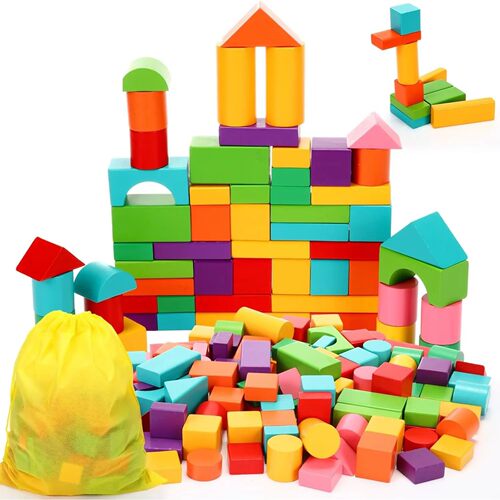 Wooden Building Blocks Set with Storage Bag Wooden Toys for
