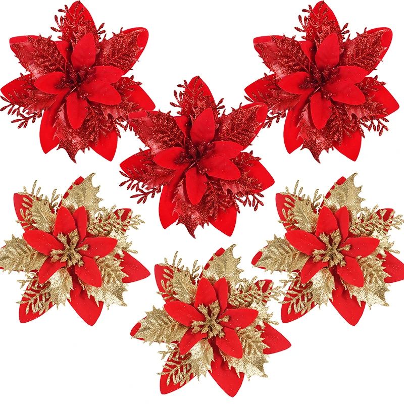 3/10pcs 14cm Christmas Flowers Glitter Red Gold Flower Head