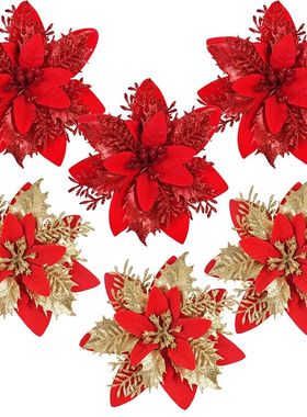 3/10pcs 14cm Christmas Flowers Glitter Red Gold Flower Head