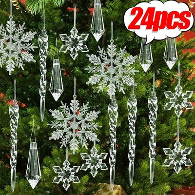 24/5PCS Crystal Clear Snowflake Icicle Pendants Acrylic Chri