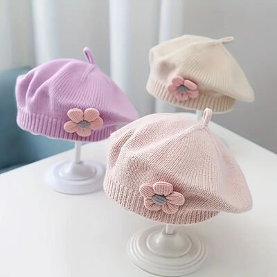 Flower Baby Beret Hat Winter Warm Knitted Beanie Cap for Inf