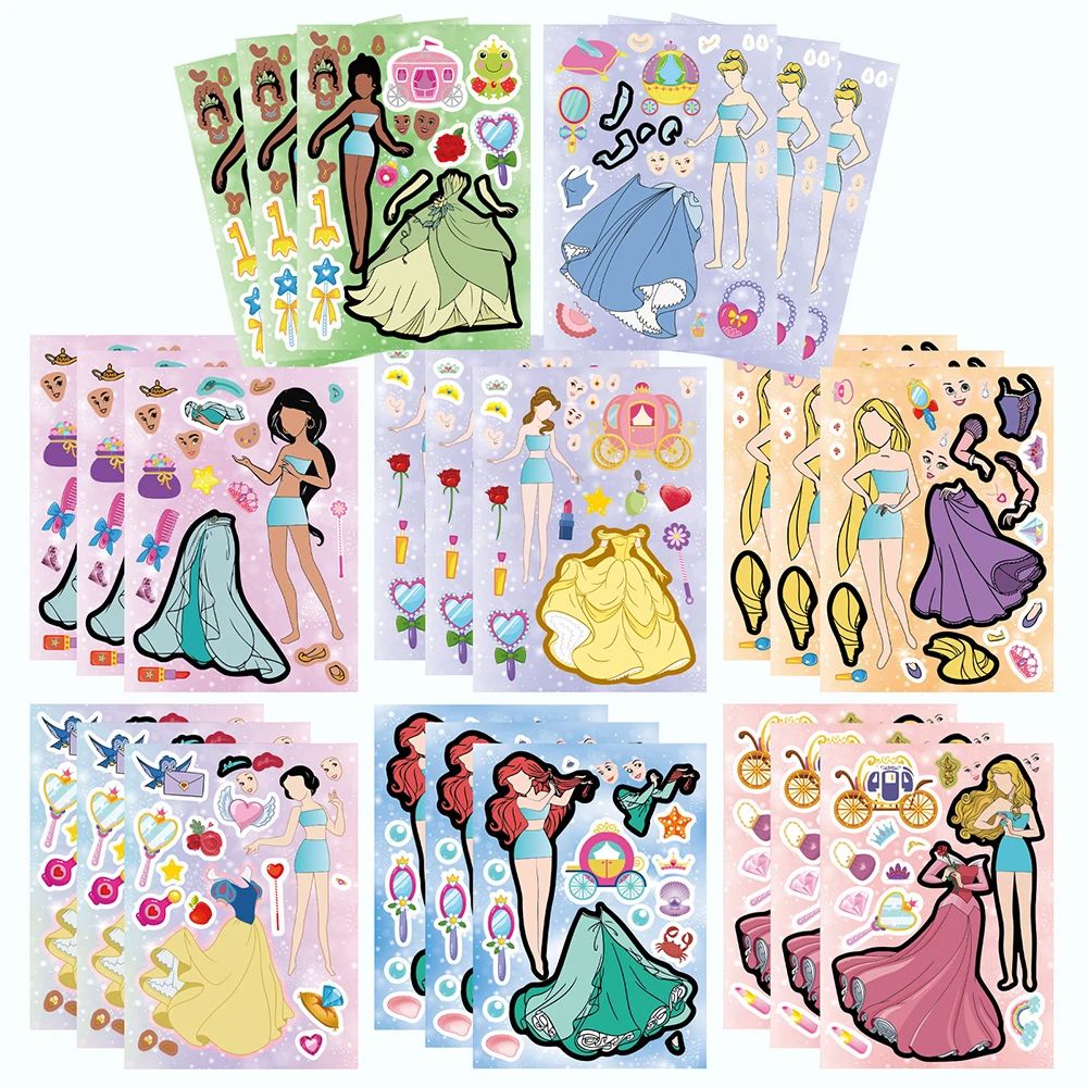 8/16Sheets Cute  Cartoon Princess DIY Make a Face Puzzle Sti