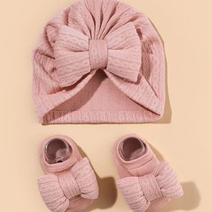 2Pcs Newborn Baby Bow Hat Socks Set Solid Color Cotton Infan