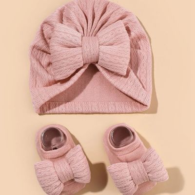 2Pcs Newborn Baby Bow Hat Socks Set Solid Color Cotton Infan