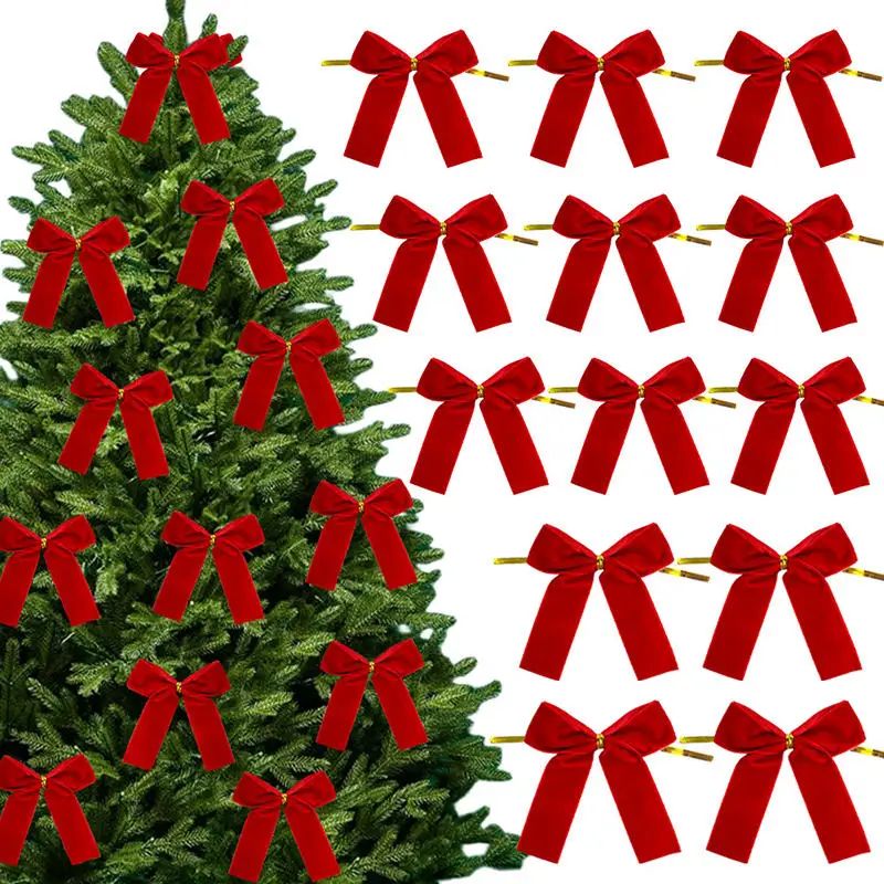 12/24Pcs Christmas Bow Red Gold Mini Xmas Tree Velvet Bowkno