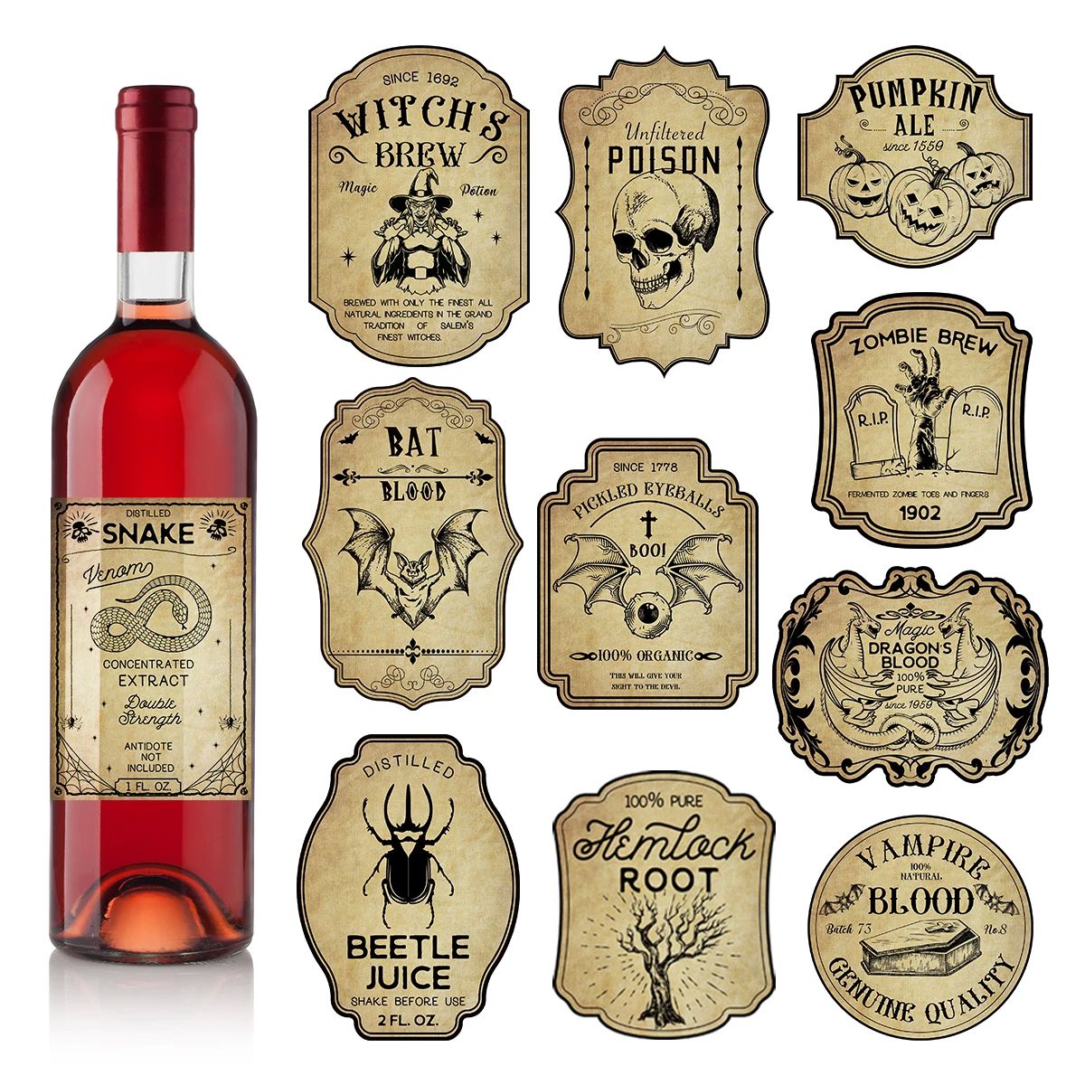 12/24pcs Halloween Retro Horror Gothic Wine Bottle Labels St
