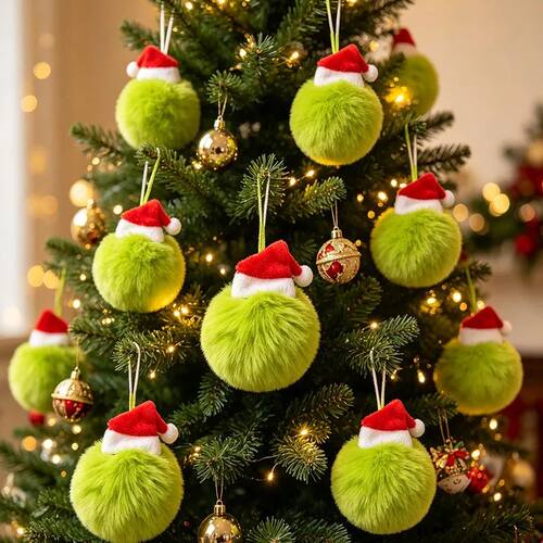 12pcs Green Fluffy Christmas Balls Decor Plush Elf Xmas e Ha