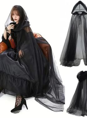 Halloween Hooded Cape Elegant Sheer Mesh Cloak with Drawstri