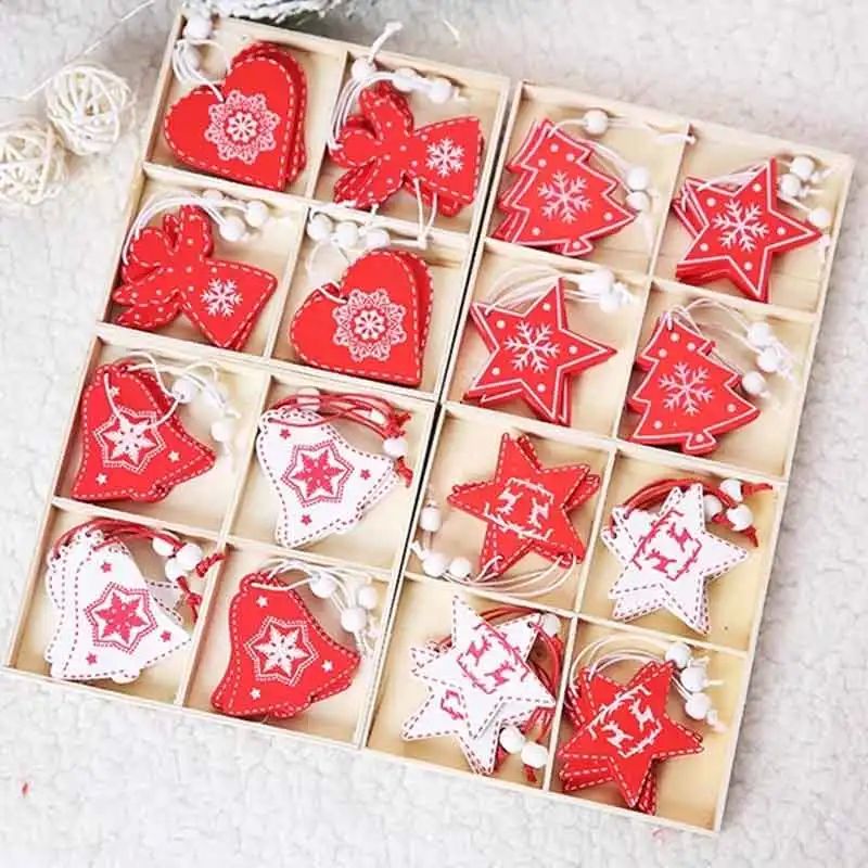 12 Pc/set of Christmas Tree Pendants Wooden Snowflakes Elk,