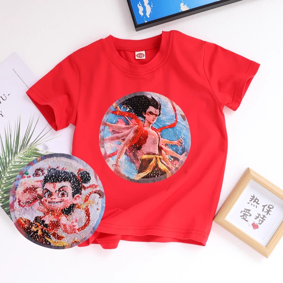 儿童短袖哪吒纯棉T恤半袖男女童上衣赛罗变色女孩亮片衣服卡通薄