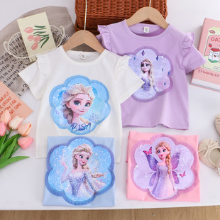 新款 童装 女童短袖 T恤2026夏装 上衣一件代发 体恤宝宝变色亮片飞袖