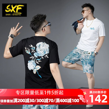 SXF圣希梵短袖t恤男2024新款夏季玫瑰刺绣宽松情侣装男士体恤上衣