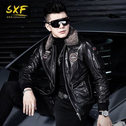 SXF圣希梵真皮皮衣男 羊羔毛领飞行加厚潮刺绣夹棉冬季外套皮衣服