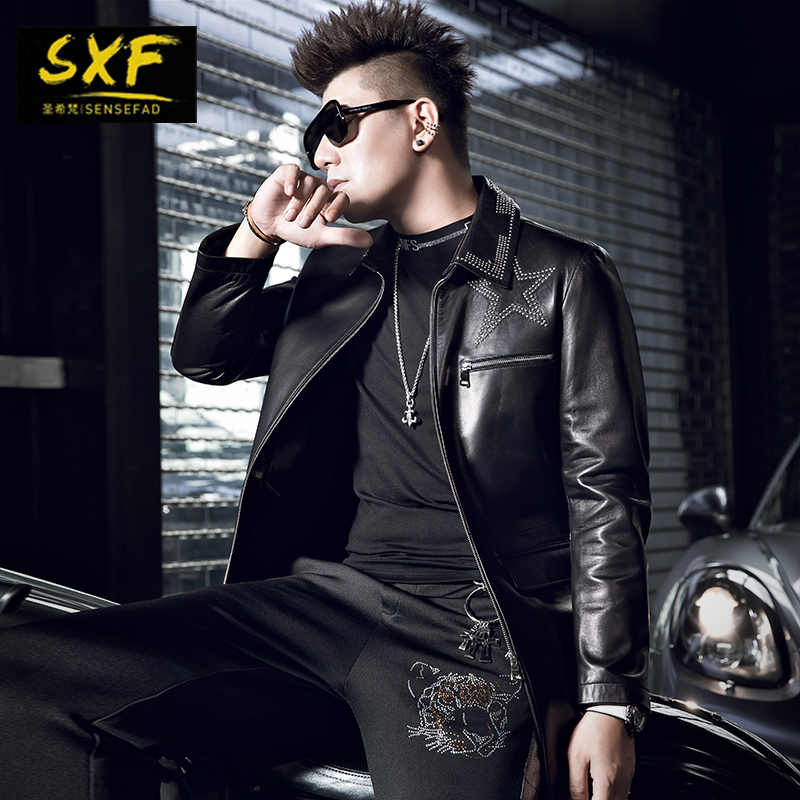 SXF圣希梵男士真皮皮衣 中长款烫钻羊皮夹克海宁工装大衣外套男潮