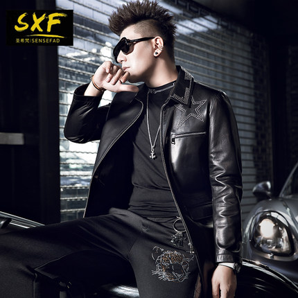SXF圣希梵男士真皮皮衣 中长款烫钻羊皮夹克海宁工装大衣外套男潮