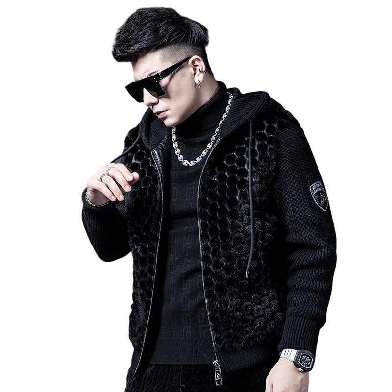SXF圣希梵2023新款水貂毛皮草男 整貂皮针织袖真貂翻领大衣外套男