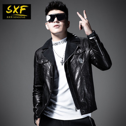 SXF圣希梵皮衣男真皮 假两件夹克双层领山羊皮衣服修身潮男士外套