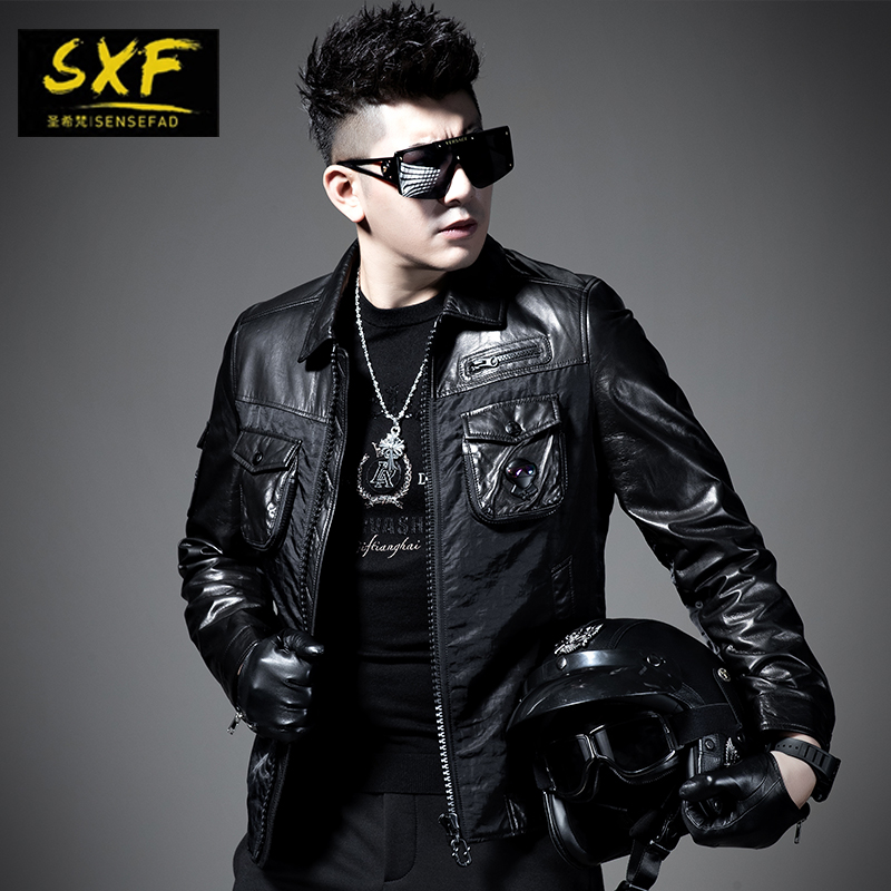 SXF圣希梵真皮男士外套2023新款潮 夹棉皮衣加厚拼接工装皮夹克男