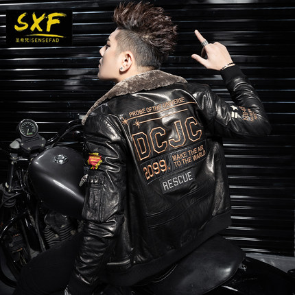 SXF圣希梵皮衣男真皮 绵羊皮外套羊羔毛领刺绣潮牌加棉男士皮夹克