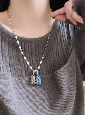 双层植绒小熊吊坠爱心项链女