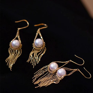 贝壳珍珠耳钩8~9mm珠子豆豆链流苏珍珠耳环14k注金个性超闪耳饰