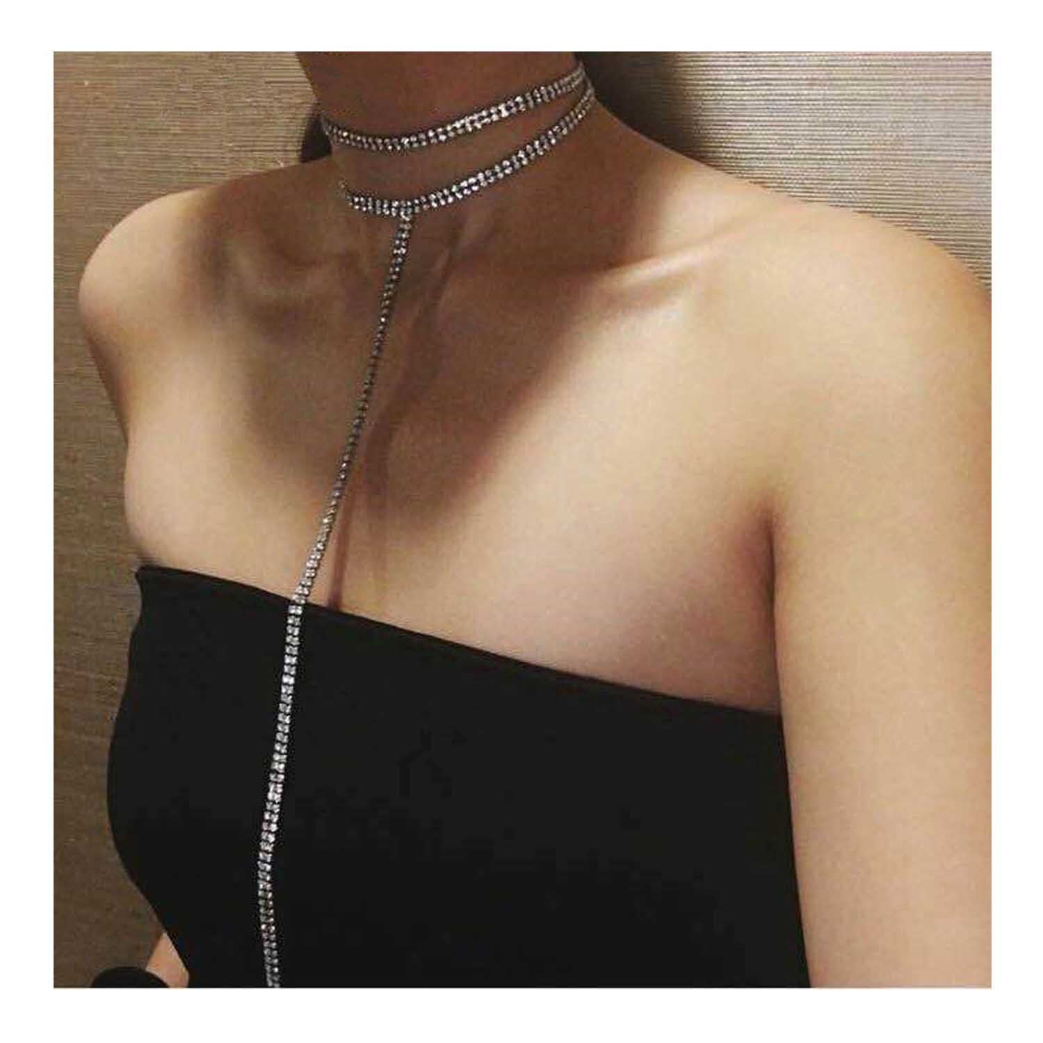 超闪水钻胸链 欧美潮人百搭项链毛衣链女时尚夜店配饰Choker颈链