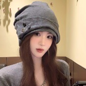 CDLM陈大刘芒复古纽扣堆堆帽女秋冬季 小众百搭废土风包头冷帽保暖