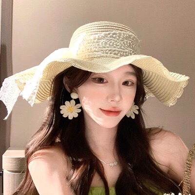 CDLM陈大刘芒 蕾丝蝴蝶结草帽女夏海边沙滩度假法式草编大檐遮阳