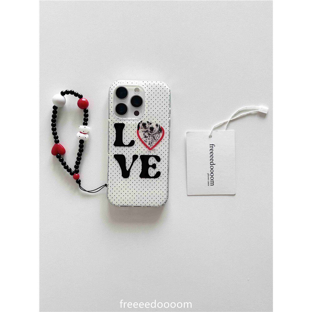 freeeedoooom黑白波点LOVE小狗适用iPhone16promax苹果15手机壳14新款13双层保护套手炼条英文字母斑点狗Y2K