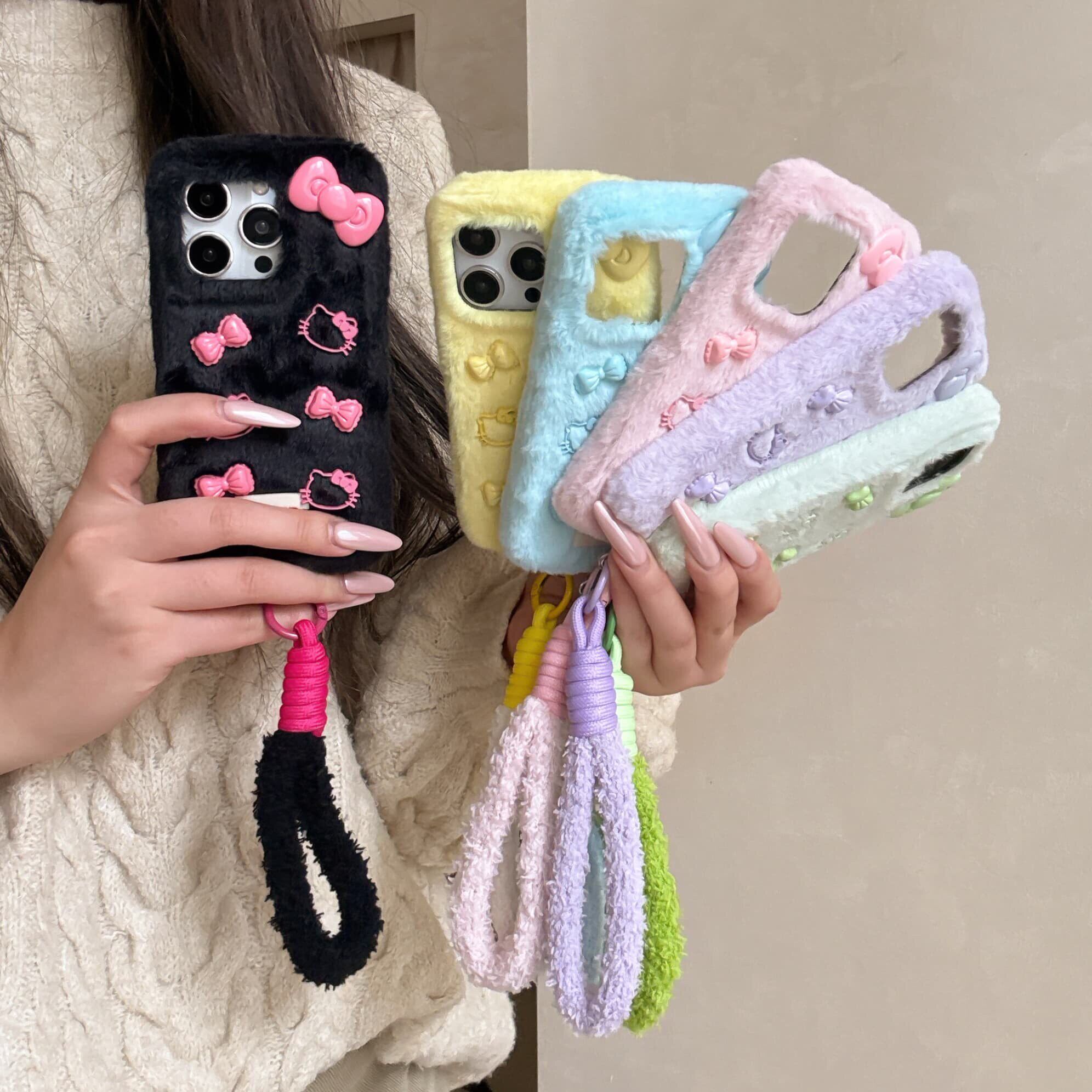 枫森简约日韩毛绒蝴蝶结凯蒂猫苹果手机壳新款适用iPhone17promax带挂绳16pro流苏15pm女款可爱13/14网红ins