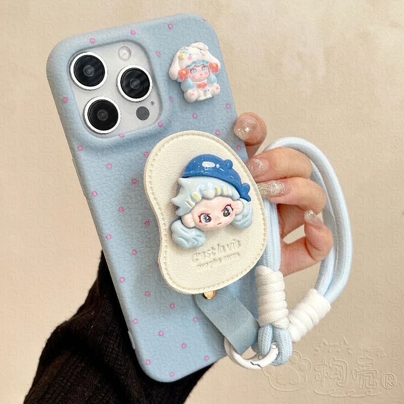 苹果手机壳新款皮革支架适用iPhone16promax防摔保护套趣味可爱苹果15pro皮纹带手绳