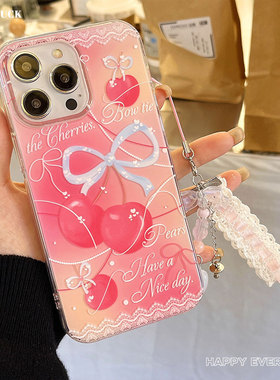 小清新白色樱桃苹果手机壳新款适用iPhone16promax蝴蝶结手机壳苹果15pro女款高级感13/14樱桃蕾丝少女保护套