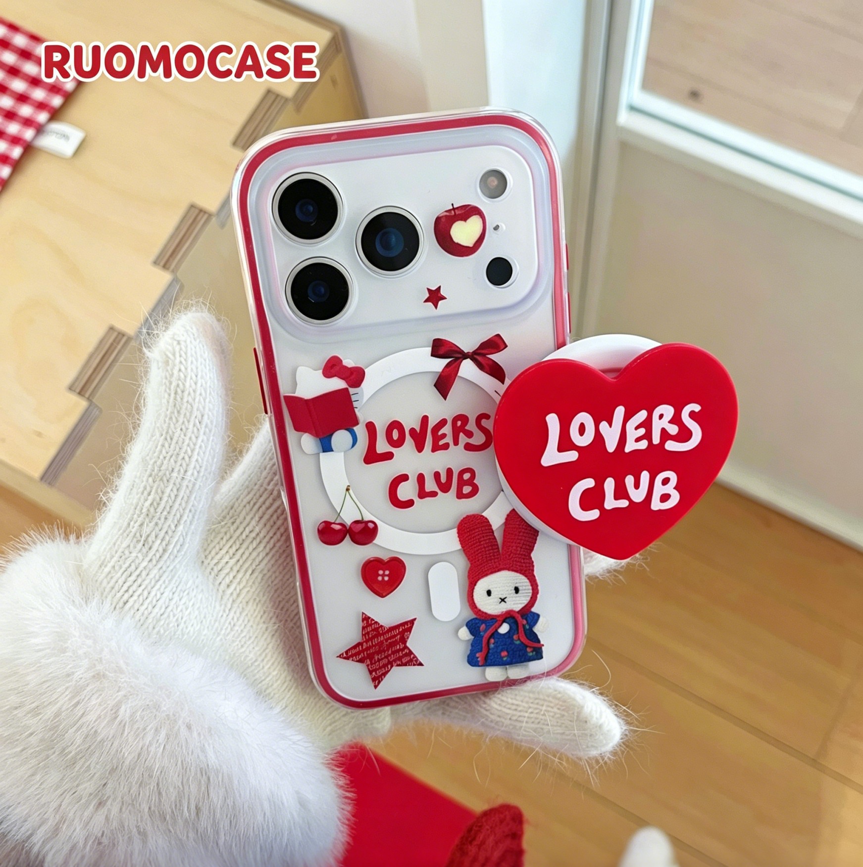 RUOMO原创红边透明樱桃兔子磁吸支架手机壳适用iPhone17promax苹果16可爱15少女心13/14不发黄防摔保护套