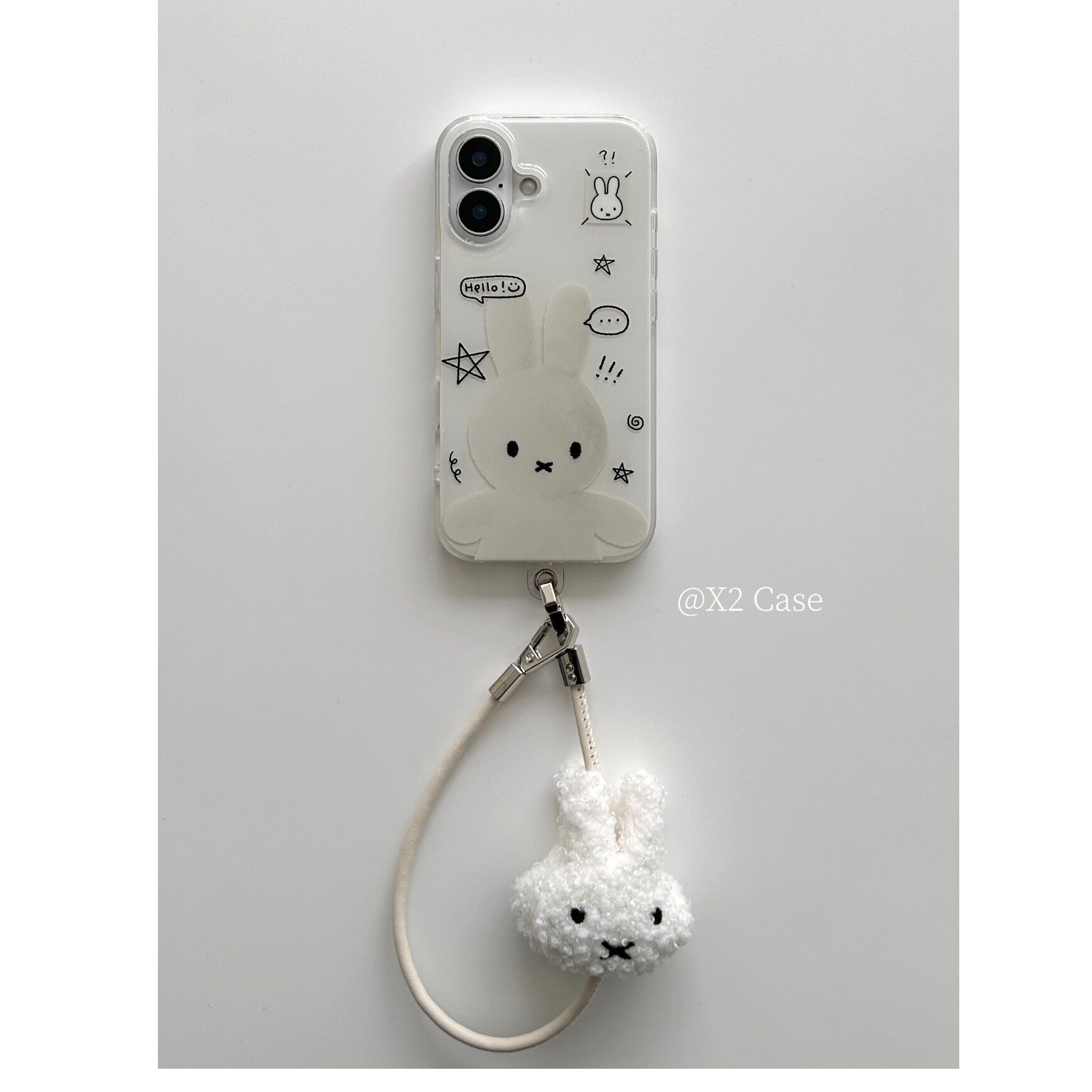 X2 Case小清新可爱白色小兔子插画 画毛绒手链适用苹 果16Pro max手机保护壳iPhone15Pro趣味创意13/14新款双