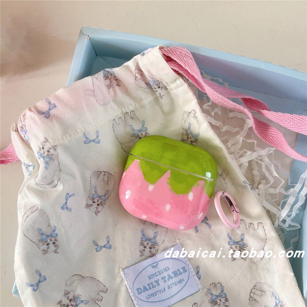 ins韩系粉绿草莓适用airpods pro2耳机套无线 线蓝牙苹 果airpods1/2代软壳pro新款3/4代防摔保护套个性女高