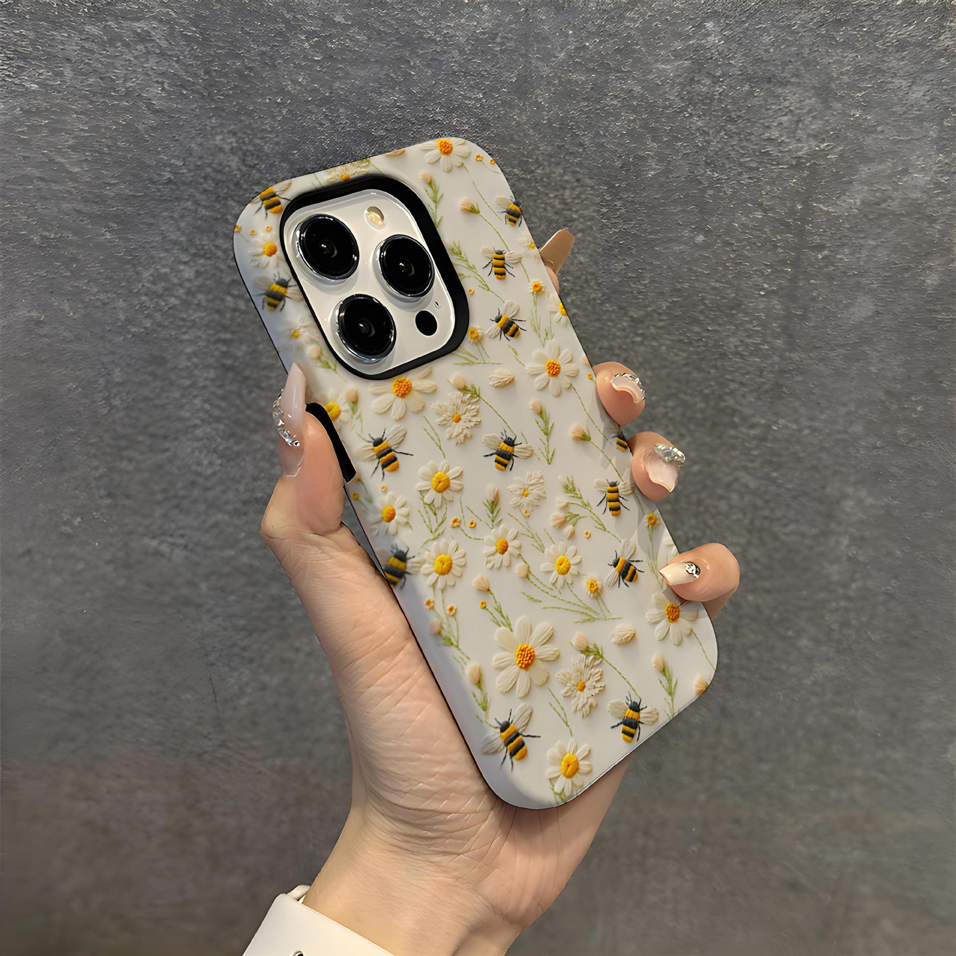 苹果手机壳仿刺绣花纹适用iPhone16pro手机壳苹果15promax防摔保护套立体蜜蜂图案14plus菲林壳13pm双层小众