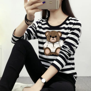 胖MM遮肉休闲条纹百搭洋气打底衫 长袖 t恤女气质宽松内搭大码