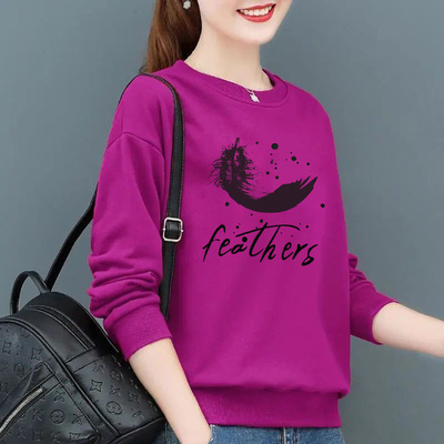 新款卫衣女加绒宽松韩版百搭保暖印花圆领春秋拼接气质上衣休闲