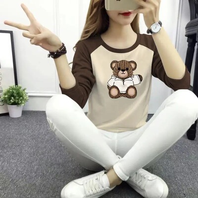 2024春秋季新款长袖印花拼接插肩袖显瘦T恤时尚百搭休闲ins上衣女