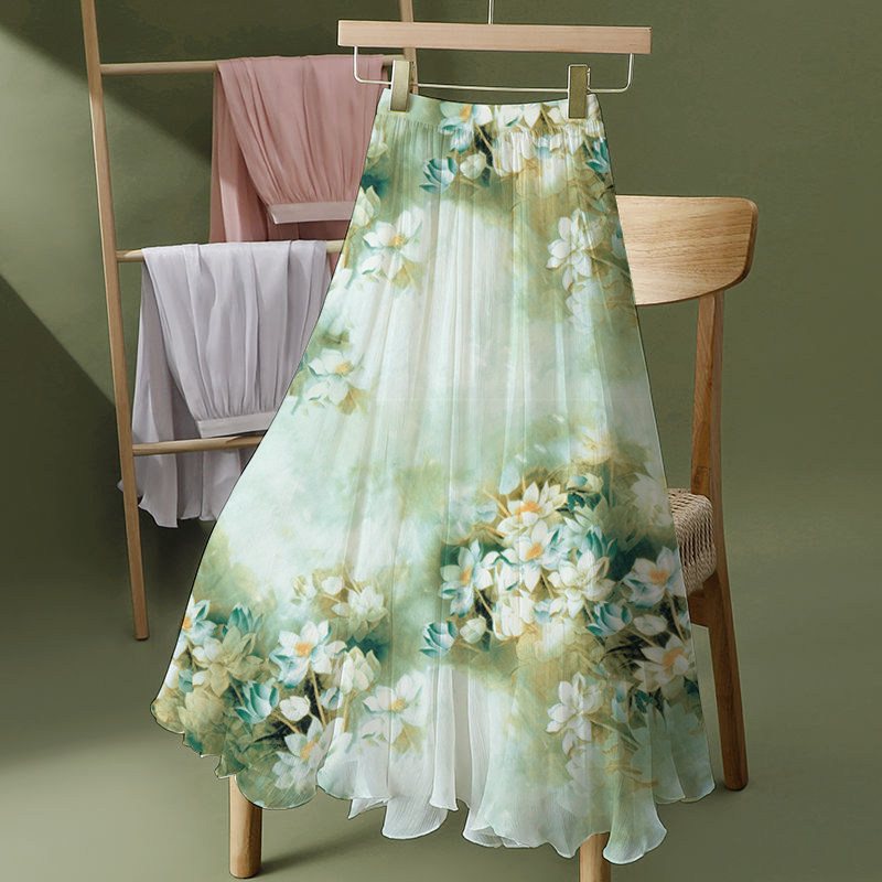 遮胯松紧腰洋气休闲显瘦时尚过膝长裙新款双层雪纺飘逸花色a字裙