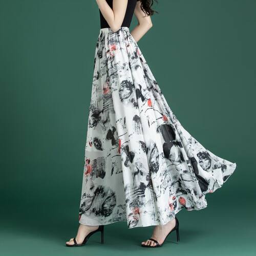 复古雪纺半身裙女中长款高腰A字梨型显瘦高腰跳舞裙子碎花仙女裙