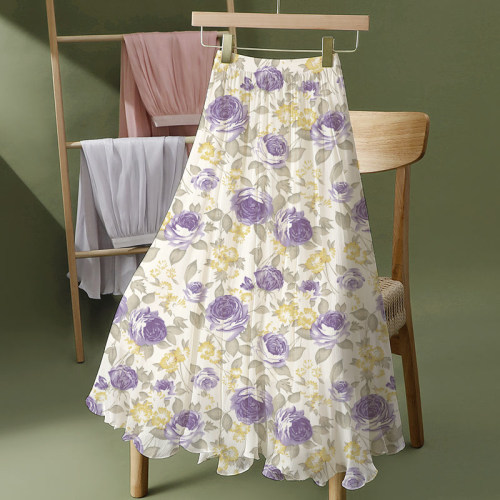 夏季新款百搭碎花雪纺半身长裙时尚a字裙中长款女士高腰跳舞裙子