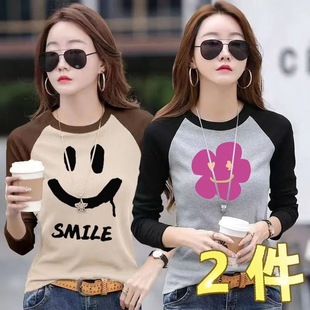 插肩撞色T恤女长袖秋季新款韩版百搭宽松显瘦减龄女士薄款上衣潮