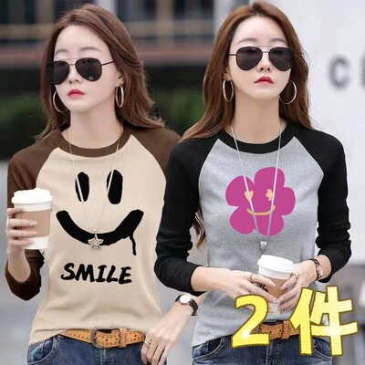 插肩撞色T恤女长袖秋季新款韩版百搭宽松显瘦减龄女士薄款上衣潮