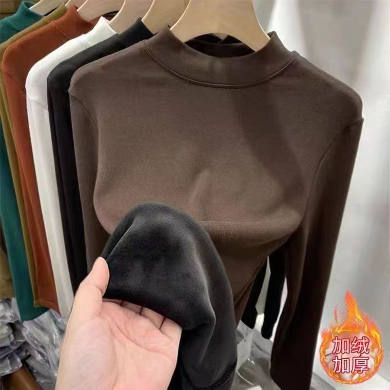 加绒加厚银狐绒半高领打底衫冬季新款女士修身内搭保暖纯色上衣