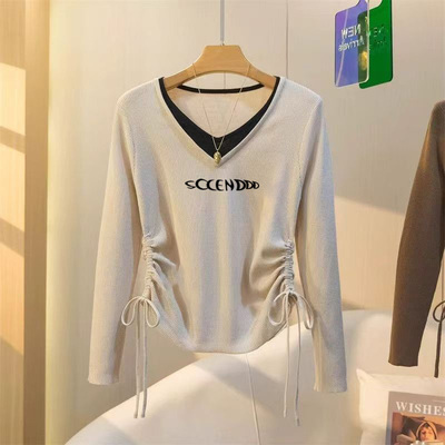 2025新款v领假两件长袖t恤女宽松显瘦洋气韩版减龄设计感打底衫