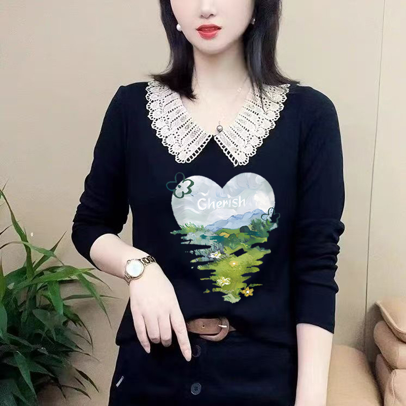 娃娃领长袖T恤女宽松花边领气质设计感小众韩版百搭减龄上衣