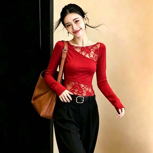 辣妹风蕾丝镂空小众不撞款红色轻奢上衣秋女设计感别致修身打底衫