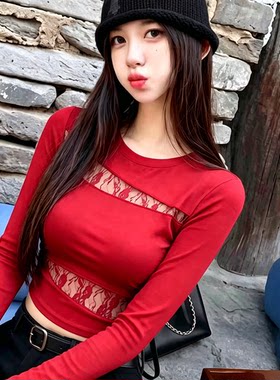 红色辣妹蕾丝拼接圆领长袖T恤秋季新款修身显瘦性感百搭打底衫女