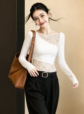 辣妹风蕾丝镂空小众不撞款白色轻奢上衣秋女设计感别致修身打底衫